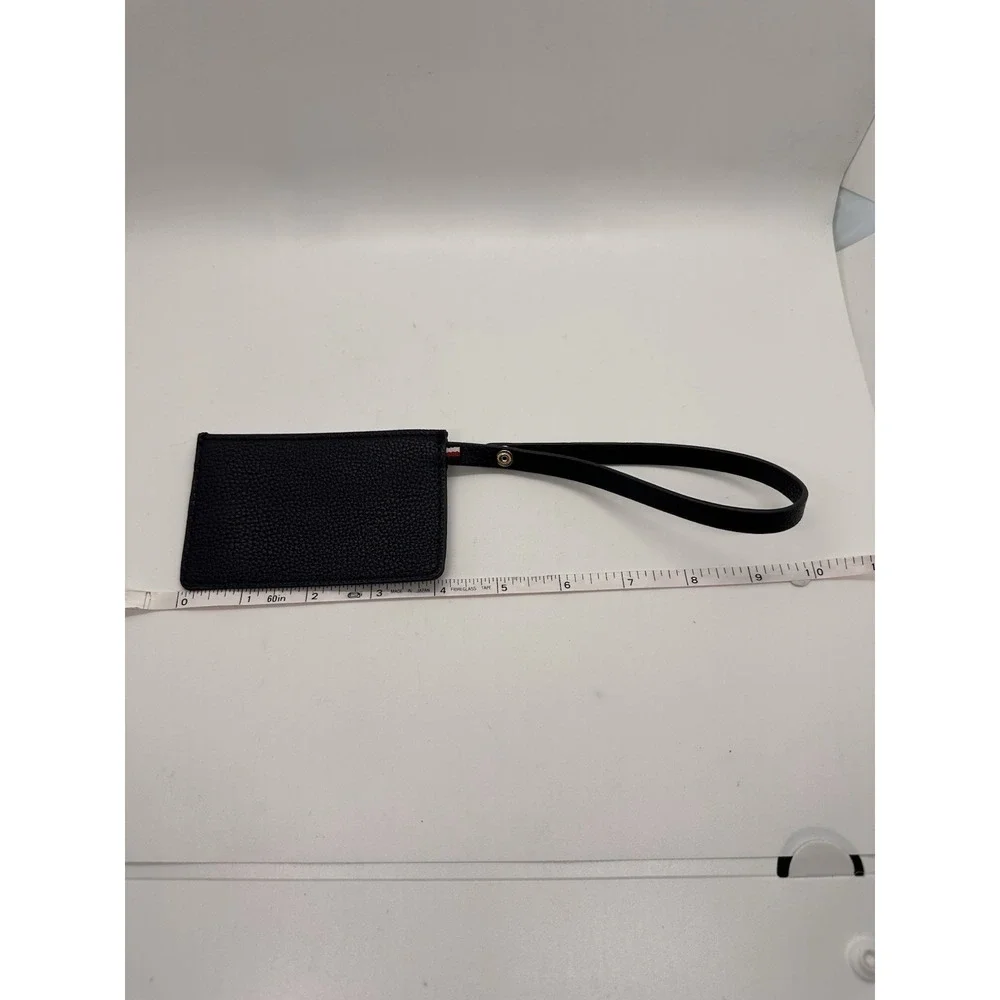 Tommy Hilfiger Black Pebbled Leather Card Holder Wristlet ID Case Keychain Strap